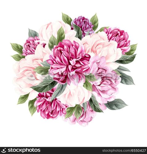 Watercolor bouquet with peony. Illustration. Watercolor bouquet with peony. . Watercolor bouquet with peony. Illustration