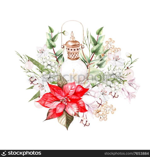 Watercolor bouquet with poinsettia flower, berries and lamp. Illustration. Watercolor bouquet with poinsettia flower, berries and lamp.