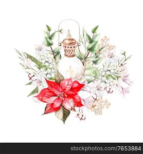 Watercolor bouquet with poinsettia flower, berries and lamp. Illustration. Watercolor bouquet with poinsettia flower, berries and lamp.