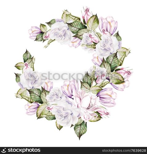 Watercolor bouquet with rose and crocus flowers. Illustration. Watercolor bouquet with rose and crocus flowers.