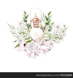 Watercolor bouquet with rose and peony flower, berries and lamp. Illustration. Watercolor bouquet with rose and peony flower, berries and lamp.