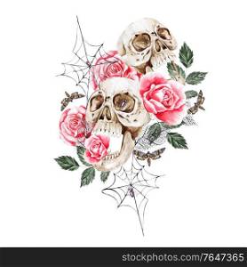 Watercolor bouquet with skull and roses flowers, leaves. Illustration. Watercolor bouquet with skull and roses flowers, leaves.