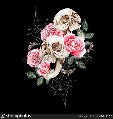 Watercolor bouquet with skull and roses flowers, leaves. Illustration. Watercolor bouquet with skull and roses flowers, leaves.