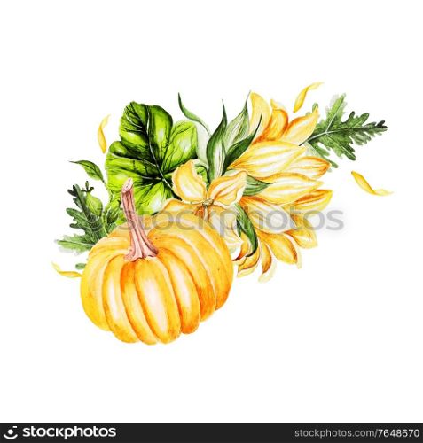 Watercolor bouquet with sunflower and pumpkins. Illustration. Watercolor bouquet with sunflower and pumpkins.