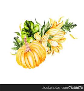 Watercolor bouquet with sunflower and pumpkins. Illustration. Watercolor bouquet with sunflower and pumpkins.