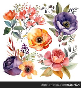 Watercolor bouquets of flowers and plants. Illustration.