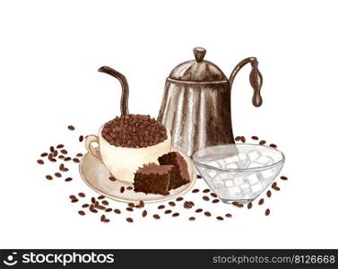 Watercolor breakfast illustration. A cup of coffee beans with chocolate brownies, sugar in a bowl, tea pot. Hand drawn food composition. Perfect for cards, logo, menu design.