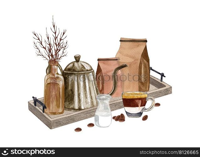 Watercolor breakfast illustration. A cup of latte macchiato coffee, milk, decorative vase, tea pot on a tray. Hand drawn coffee composition. Perfect for cards, logo, menu design.
