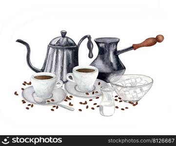 Watercolor breakfast illustration. two cup of coffee, vintage coffeemaker, tea pot. Hand drawn food composition. Perfect for cards, logo, menu design.