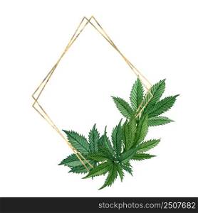 Watercolor cannabis frame. Hand drawn wild hemp plant wreath for greeting card, logo, frame or border.