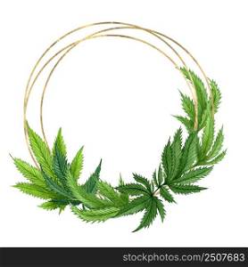 Watercolor cannabis frame. Hand drawn wild hemp plant wreath for greeting card, logo, frame or border.