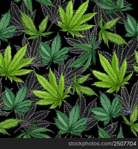 Watercolor cannabis seamless pattern. Hemp hand drawn pattern. Cannabis oil background on black