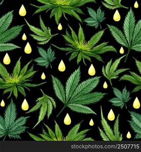 Watercolor cannabis seamless pattern. Hemp hand drawn pattern. Cannabis oil background on black