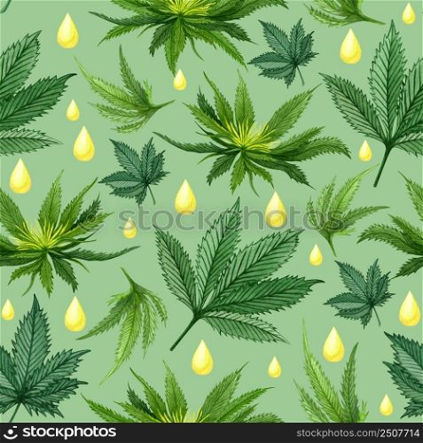 Watercolor cannabis seamless pattern. Hemp hand drawn pattern. Cannabis oil background on green