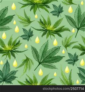 Watercolor cannabis seamless pattern. Hemp hand drawn pattern. Cannabis oil background on green