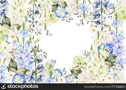 Watercolor card with different wild flowers  leaves. Illustration. Watercolor card with different wild flowers  leaves.