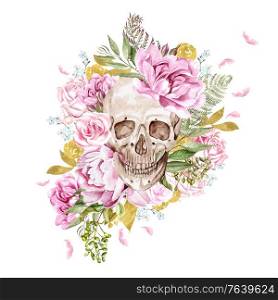 Watercolor card with skulls and different flowers. Illustration. Watercolor card with skulls and different flowers.