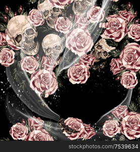 Watercolor card with skulls and roses. Illustration. Watercolor card with skulls and roses.