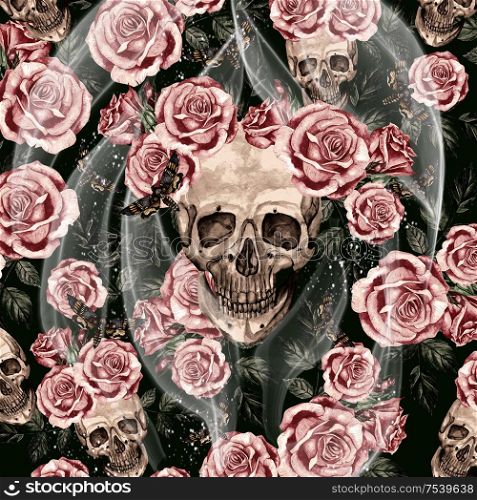 Watercolor card with skulls and roses. Illustration. Watercolor card with skulls and roses.