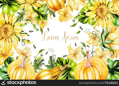 Watercolor card with sunflower and pumpkins. Illustration. Watercolor card with sunflower and pumpkins.