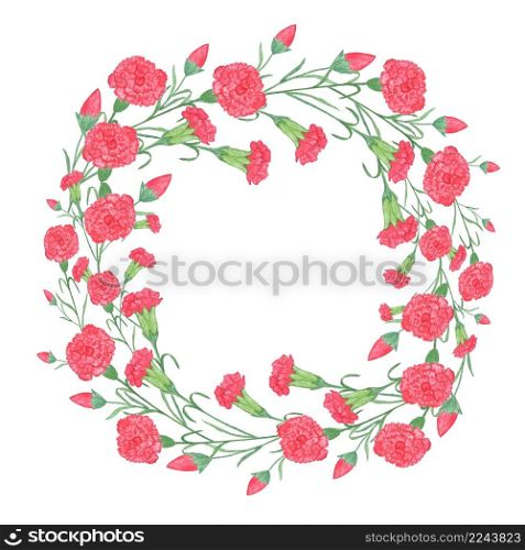 Watercolor carnation wreath with red flower. Isolated illustration on white background. Organic and natural concept. Card for 9 may holiday.