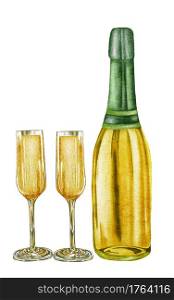 Watercolor champagne bottle and glasses. White sparkling wine, alcoholic beverage drink illustration on white background.. Watercolor champagne bottle and glasses. White sparkling wine, alcoholic beverage drink illustration on white background
