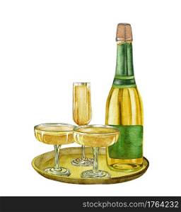 Watercolor champagne bottle and glasses. White sparkling wine, alcoholic beverage drink illustration on white background.. Watercolor champagne bottle and glasses. White sparkling wine, alcoholic beverage drink illustration on white background