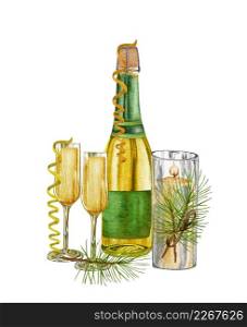 Watercolor champagne bottle and glasses with christmas decorations. White sparkling wine, alcoholic beverage drink illustration on white background.. Watercolor champagne bottle and glasses with christmas decorations. White sparkling wine, alcoholic beverage drink illustration on white background