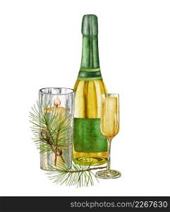 Watercolor champagne bottle and glasses with christmas decorations. White sparkling wine, alcoholic beverage drink illustration on white background.. Watercolor champagne bottle and glasses with christmas decorations. White sparkling wine, alcoholic beverage drink illustration on white background