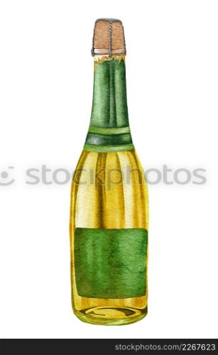 Watercolor champagne bottle. White sparkling wine, alcoholic beverage drink illustration on white background.. Watercolor champagne bottle. White sparkling wine, alcoholic beverage drink illustration on white background