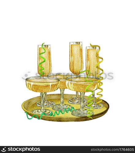 Watercolor champagne glasses. White sparkling wine, alcoholic beverage drink illustration on white background.. Watercolor champagne glasses. White sparkling wine, alcoholic beverage drink illustration on white background