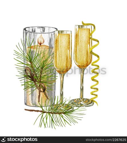 Watercolor champagne glasses with christmas decorations. White sparkling wine, alcoholic beverage drink illustration on white background. Watercolor champagne glasses with christmas decorations. White sparkling wine, alcoholic beverage drink illustration on white background.
