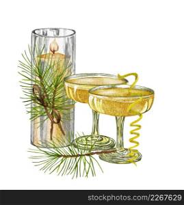 Watercolor champagne glasses with christmas decorations. White sparkling wine, alcoholic beverage drink illustration on white background.. Watercolor champagne glasses with christmas decorations. White sparkling wine, alcoholic beverage drink illustration on white background