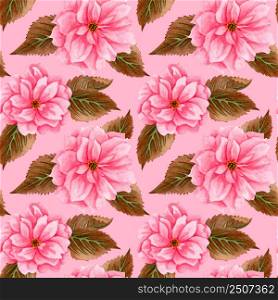 Watercolor cherry blossom, pink flowers and brown leaves. Floral repeating pattern. Hand drawn seamless pattern of blooming sakura branch on pink background