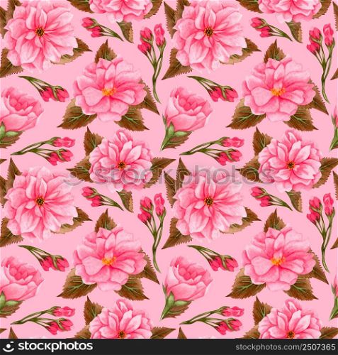 Watercolor cherry blossom, pink flowers and brown leaves. Floral repeating pattern. Hand drawn seamless pattern of blooming sakura branch on pink background
