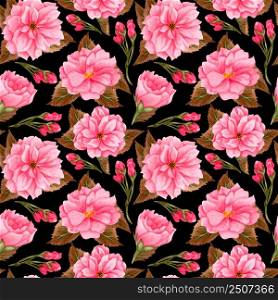 Watercolor cherry blossom, pink flowers and brown leaves. Floral repeating pattern. Hand drawn seamless pattern of blooming sakura branch on black background