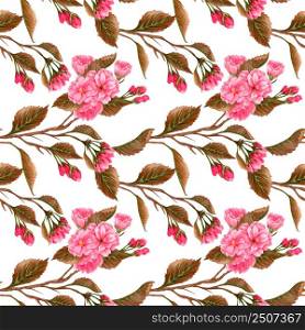 Watercolor cherry blossom, pink flowers and brown leaves. Floral repeating pattern. Hand drawn seamless pattern of blooming sakura branch on white background