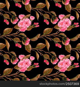 Watercolor cherry blossom, pink flowers and brown leaves. Floral repeating pattern. Hand drawn seamless pattern of blooming sakura branch on black background