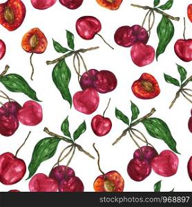 Watercolor cherry pattern on a white background. Endless pattern of red fruits. For the design of textiles, home decor, clothing, notebooks.