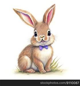 Watercolor Children Book Illustrations, Cute bunny with bowtie full body sitting against white background, created with Generative AI technology

