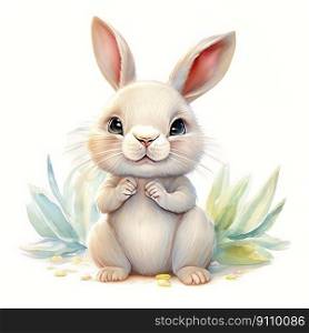 Watercolor Children Book Illustrations, Cute bunny with clinched fists full body sitting against white background, created with Generative AI technology  
