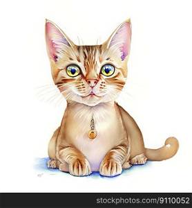 Watercolor Children Book Illustrations, Cute cat kitten with bell chain full body laying with white background, created with Generative AI technology  