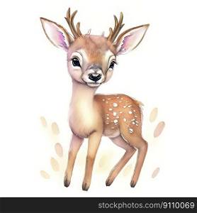 Watercolor Children Book Illustrations, Cute deer fawn standing with white background, created with Generative AI technology  