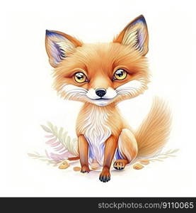Watercolor Children Book Illustrations, Cute fox sitting with white background, created with Generative AI technology  