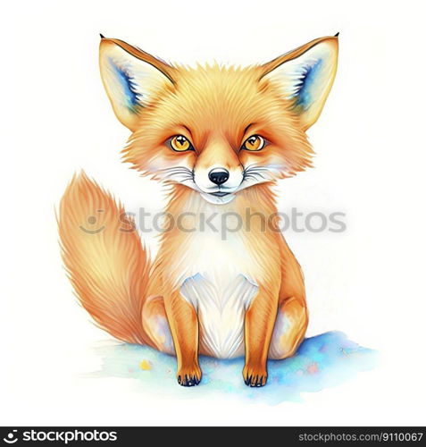 Watercolor Children Book Illustrations, Cute fox sitting with white background, created with Generative AI technology