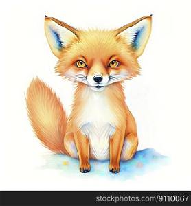 Watercolor Children Book Illustrations, Cute fox sitting with white background, created with Generative AI technology