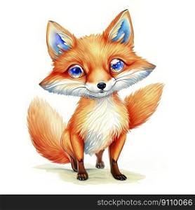 Watercolor Children Book Illustrations, Cute fox standing with white background, created with Generative AI technology