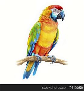 Watercolor Children Book Illustrations, Cute parrot sitting on branch with white background, created with Ge≠rative AI technology