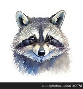 Watercolor Children Book Illustrations, Cute Racoon face portrait illustration on white background, created with Generative AI technology  