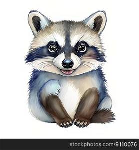 Watercolor Children Book Illustrations, Cute Racoon full body sitting with white background, created with Generative AI technology  